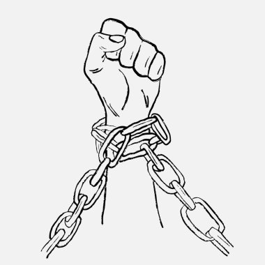 Bileğinde kırık zincirler olan sıkılmış bir yumruk. Vintage pastel boya kömürü tarzında vektör çizimi. İnsan Hakları Günü posteri
