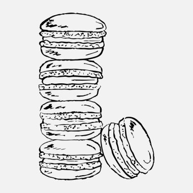 Dolgulu ve pürüzsüz kabuklu el yapımı makaron yığını. Vintage pastel boya kömürü tarzında vektör çizimi. Pastane tasarımı, lezzetli tatlı.