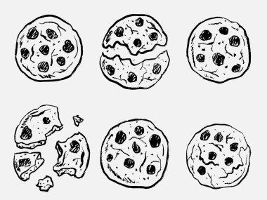 Elle çizilmiş çikolata kırıntısı kurabiyeleri. Tatlı menüsü için ideal, sıcak pastane. Vintage pastel boya kalemi tarzında vektör çizimi