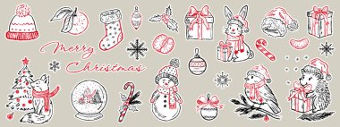 El çizimi Noel çıkartmaları. Kırmızı elementli klasik pastel boya kömürü tarzında vektör çizimi. Hayvanlar, hediyeler, süsler, kardan adam, ağaç, çorap, şeker, hediye kutuları.