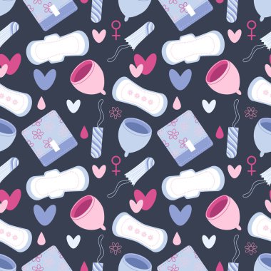 Güzel vektör düz düz desenli, kadın regl ürünleri hijyenik. El çizimi düz vektör çizimi. Tek kullanımlık ped, tampon, adet kupası, damla, kalp, takvim.