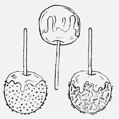 Elle çizilmiş elmalar, yumuşak, damlayan ve serpiştirilmiş elmalar. Vintage pastel boya kömürü tarzında vektör çizimi. Karamelli elma.