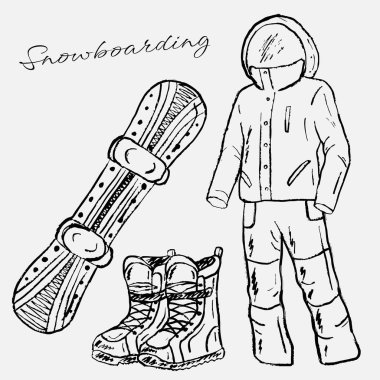 El yapımı snowboard aksesuarları: tahta, bot, kıyafet, kış sporu görselleri için ideal. Vintage pastel boya kömürü tarzında vektör çizimi. Kış sporları, kayak merkezi ekipmanları