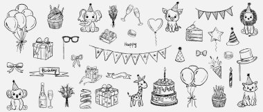 Hayvanlar, tatlılar ve şenlikli dekorlarla el çizimi doğum günü partisi öğeleri. Vintage pastel boya kömürü tarzında vektör çizimi. Mutlu yıllar parti dekorasyonları, baskı tasarımları