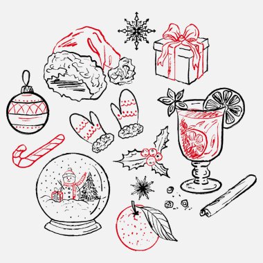 Noel Baba şapkası, eldivenler, kar küresi, şeker kamışı, narenciye içeceği, baharatlar. Vintage pastel boya kömürü tarzında vektör çizimi. Noel tebrik kartı.