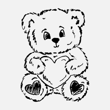 Elle çizilmiş pofuduk ayıcık oturuyor ve kocaman bir kalp tutuyor. Aşk, hediye, doğum günü hediyesi. Vintage pastel boya kalemi tarzında vektör çizimi