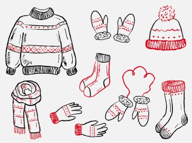 El yapımı kış giysileri seti. Kırmızı aksanlı, klasik pastel boyalı kömür tasviri. Samimi moda için kazak, eldiven, şapka, çorap, atkı ve eldiven. Noel seti