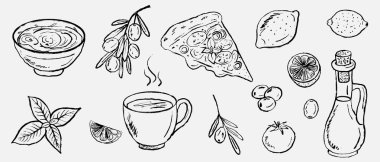 Elle çizilmiş Akdeniz yemekleri pizza dilimi, zeytin, limon, fesleğen, sos kasesi ve zeytinyağı ile. İtalyan yemeği. Vintage pastel boya kalemi tarzında vektör çizimi