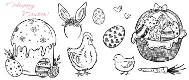 Pasta, tavşan kulağı, tavuk, civciv ve süslü yumurtalarla el yapımı Paskalya kompozisyonu. Vintage doodle kömür tarzında vektör çizimi