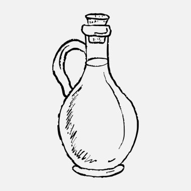 Sirke ya da yağ için el yapımı cam şişe. Vintage pastel boya kömürü tarzında vektör çizimi. Yemek ekipmanları, zeytinyağı.
