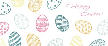 Paskalya bayrağı. Pastel renkli paskalya yumurtası tasarımı. Bahar partisi davetiyesi, tebrik kartı. Vintage pastel boya kalemi tarzında vektör çizimi