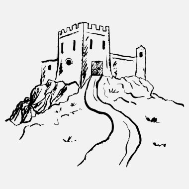 El çizimi ortaçağ kalesi kayalık bir tepeye tünemişti. Tarihi, fantezi ya da mimari temalar. Vintage pastel boya kömürü tarzında vektör çizimi. Fantezi manzarası, doğa