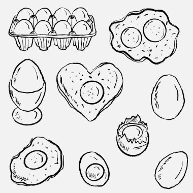 El yapımı yumurta ve tost seti. Boya kalemi tarzında vektör çizimi. Kızarmış yumurta, yumurtalı tost, karton, kırık yumurta, rafadan yumurta ve kahvaltı ve öğle yemeği çeşitleri..