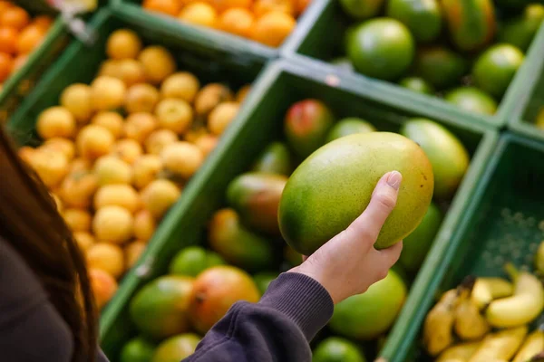 Женщина выбирает спелых манго в супермаркете. Закрыть — стоковое фото