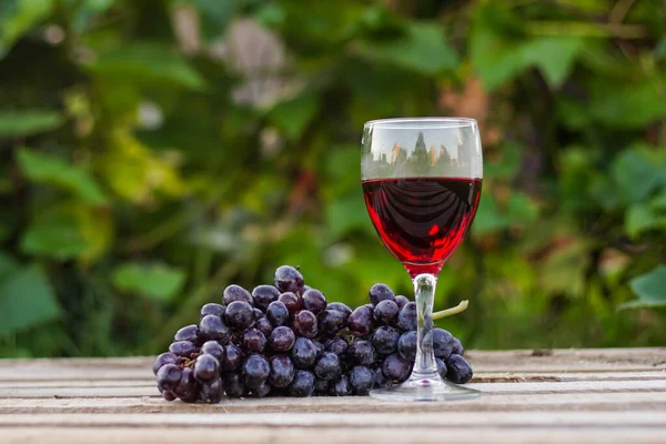 Copa de vino tinto con un ramo de uvas sobre fondo de madera, de cerca — Foto de Stock