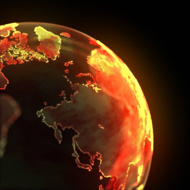 Kırmızı yanan Dünya, enfekte olmuş gezegen, dünyanın sonu. 3d oluşturma