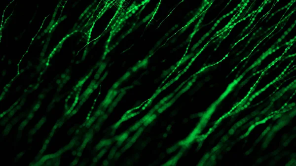 Abstract dynamic wave of green dots on dark background. Big data visualization 3D. Digital landscape with flowing particles. 3d rendering.