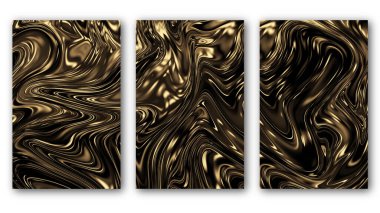 Üç soyut altın sıvısı arkaplan kolajı. Luxary sarı ve siyah sıvı sanat. 3d oluşturma.