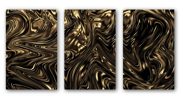 三种抽象金液体背景的胶合物.奢华的黄色和黑色流体艺术。3d渲染. — 图库照片#