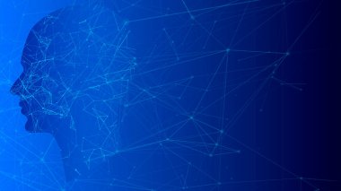 Yapay zeka. Dijital sinirsel ağlar kavramı. Modern teknoloji mavi arka plan. Siber zihnin yüzü. Büyük veri akışı, analiz bilgileri. Vektör illüstrasyonu.