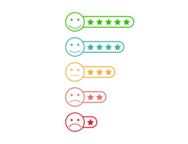 Stars ranking evaluation. Satisfaction feedback from low to high level. Ranking quality review. Choice statistic in red, orange and green. Excellent and bad  rate. Isolated statistic star shape template. EPS 10. clipart