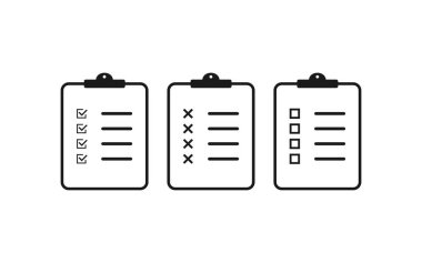 İşaretli pano, çapraz ve boş kutu. Kontrol listesi belgesi. Kene işaretli defter. Rapor sayfası ile anket illüstrasyonu. İzole pano işareti. Görev belgesi seti. EPS 10.