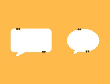 Tırnak işaretli konuşma balonu. Siyah virgüllü beyaz mesaj balonu. Sarı arka plan. Boş etiketli bir poster şablonu. İzole edilmiş set kutusu. Vektör EPS 10.