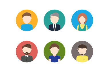 Yuvarlak kullanıcı avatarları. Profil simgelerinin izole bir koleksiyonu daire içinde. Çizgi film karakteri beyaz arka planda düz dizaynlı. Erkek ve dişi avatarlar. Hesap için kullanıcı resmi şablonu. EPS 10.