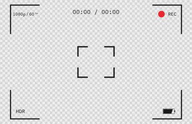 Kamera arayüzü modeli. Şeffaf arkaplanda mobil video kamera şablonu. İzole edilmiş bir fotoğraf. Kamera illüstrasyonu. Odaklan ve kayıt işareti yap. Vektör EPS 10.