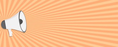 Güneş patlaması arka planında megafon simgesi. Hoparlörde düz dizayn işareti. İzole ilan afişi şablonu. Reklam pankartı kırmızı ve turuncu. Duyuru geçmişi. EPS 10.