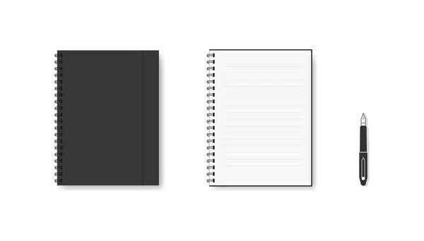 金属スパイラルと現実的なノートブック 隔離された空白の日記の教科書 オーガナイザーのテンプレートを開いて閉じます 白のドキュメントテンプレートとインクペン 現代的なノートブックの概念 Eps — ストックベクタ