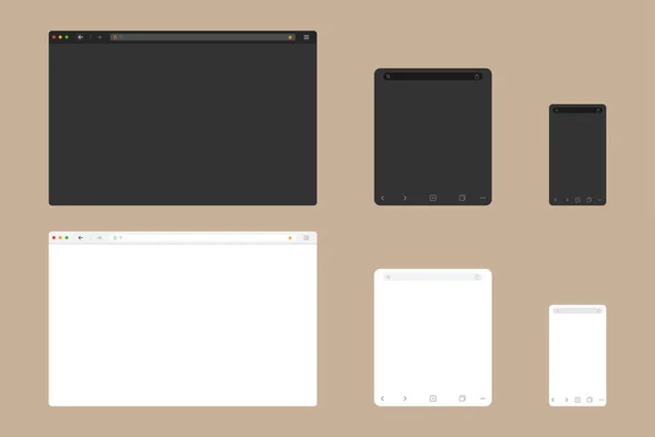 Web tarayıcı pencere modeli açık ve koyu modern düz tasarım. Yeşil kilidi ve favori simgesi olan bilgisayarın web sayfası. Tarayıcının masaüstü, tablet ve mobil şablonu. Vektör EPS 10.