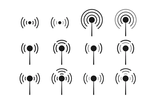 Radyo sinyal dalgası koleksiyonu. Yayın ağının kablosuz bağlantı takımı. Hücresel anten simgeleri siyah. Wifi iletişim teknolojisi. İzole radyo sinyali. Yayın dalgası. EPS 10.