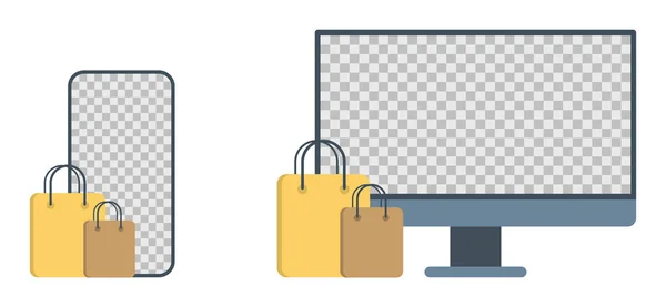 Online Shopping Commerce Geschäft Auf Mobiltelefonen Und Computern Web Shopping — Stockvektor
