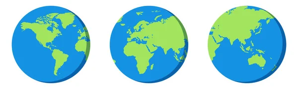 惑星地球 青と緑のグローブアイコン 白い背景に平らなデザインの世界地図 大陸と隔離された漫画の世界 アメリカ アジア ヨーロッパのシルエット エコシンボル ベクトルEps — ストックベクタ