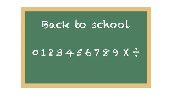 学校へようこそ 白の文字が描かれた教室の緑の黒板 机の上に1から10までの桁 教育のドアだ 横断記号付きの現実的なテキスト 秋の時間だ ベクトルEps — ストックベクタ