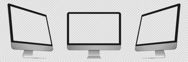 Şeffaf ekranlı masaüstü bilgisayarı. Ön ve yan görüntüde bilgisayar var. Bilgisayar ekranının izole gerçekçi bir kopyası. Düzenlenebilir ekranlı masaüstü monitörü. Vektör EPS 10.