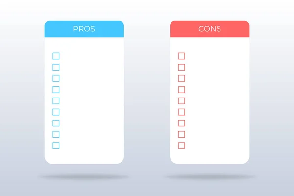 Pros and cons checklist. Isolated positive and negative survey. Evaluation of plus and minus. Pros and cons mockup in blue and red with check mark ticks. Compare pros and cons. Vector EPS 10. — Stock Illustration Pros Cons Checklist Isolated Positive Negative Survey Evaluation Pros Cons Stock Vector