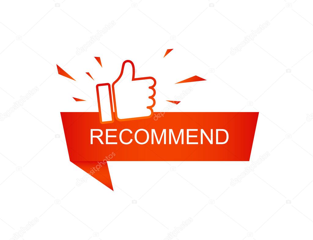 Recommend label with thumb up. Sale sticker with recommended choice. Best promotion badge. Good offer with premium quality. Rating label. Satisfaction guarantee. Isolated. Vector EPS 10.