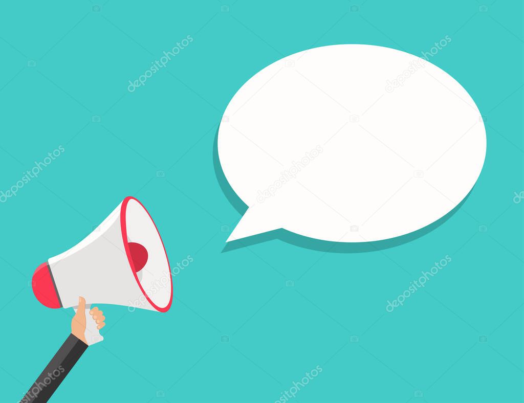 Speech bubble with megaphone icon. Blank message sign with voice speaker. Attention icon with blank box. Hand with loud speaker. Announce promotion with text field. Isolated. Vector EPS 10.