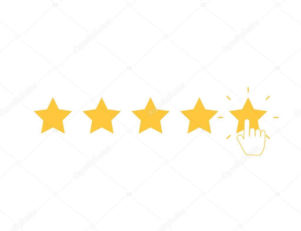 Five yellow stars with clicking hand. Quality rank set. Best choice illustration. Hand touching last star. Rating sign. Feedback and review set with simple stars shape. Vector EPS 10.