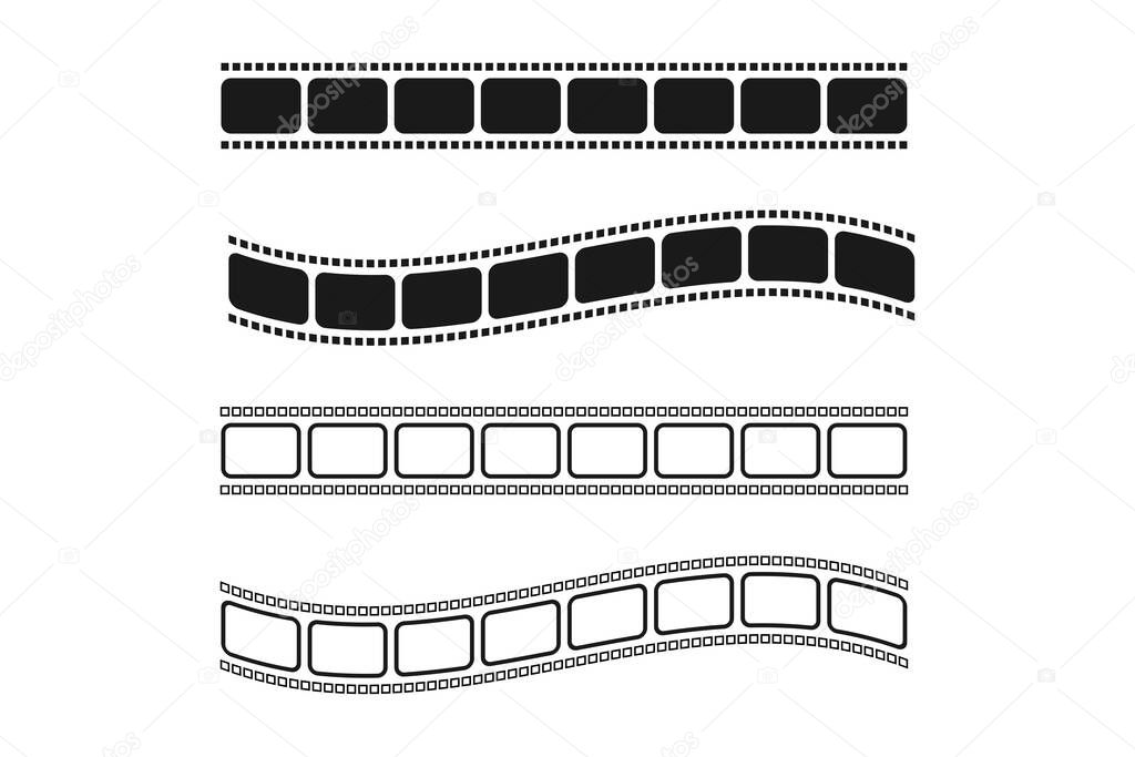 Set of film reel in black and white. Straight and wavy cinema strip. Isolated retro photo tape. Vintage template of digital video film. Cinema filmstrip set. Video banner. Vector EPS 10.