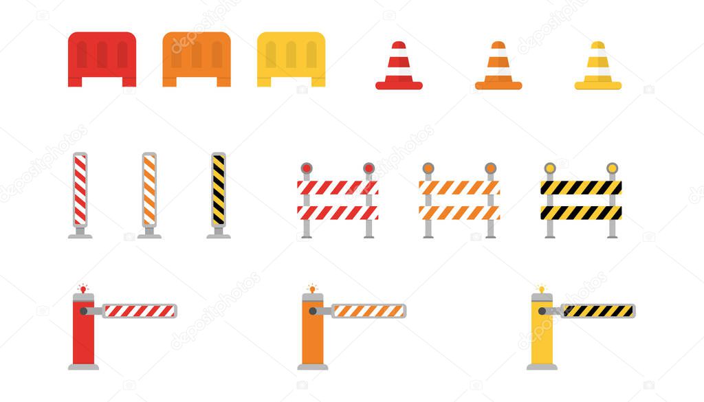 Set of road barriers. Warning roadblock border. Striped street signs. Attention construction fence due to work. Street road sign.  Isolated caution barrier. Vector EPS 10.