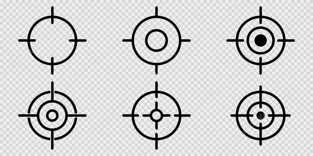 Sniper aim on transparent background. Target icons in black. Focus symbol in circle. Isolated gun shoot aim set. Bullseye vision collection. Round aiming focus. Vector illustration. EPS 10.