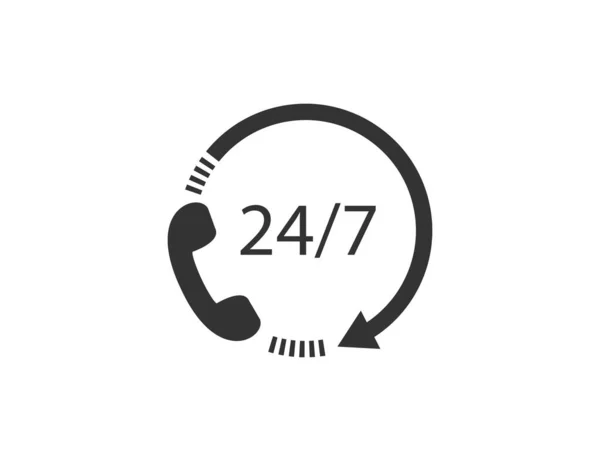Telefon sembollü 24 7 simgesi. Saat tarzında destek servisi. Okla 24 saat temas merkezi. Mesai saati. Daire şeklinde düz tasarım simgesini aç. Çalışma saatleriyle izole edilmiş bir cep telefonu. Vektör EPS 10.