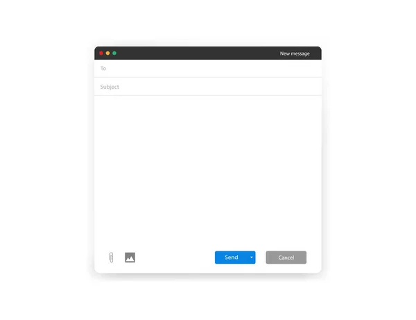 Plantilla ventana de correo. Mockup con formulario de mensaje en blanco. Interfaz de marco blanco de correo electrónico. Enviar y cancelar botones. Sujeto y a campos con icono de adjuntar. Formulario de correo aislado. Vector EPS 10. — Archivo Imágenes Vectoriales