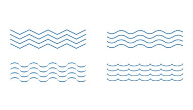 Mavi dalga simgeleri. Çizgi eğrisi sıvı işareti. Mavi renkte basit bir dalga seti. Akan su girdabı. Dalgalı simgelerden oluşan soyut bir set. Ayrı bir geçici durum. Vektör EPS 10.