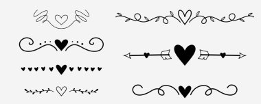 Handwritten love doodle. Decorative romantic dividers. Hand drawn romantic doodles with heart shape and arrows. Wedding decoration in drawing style clipart