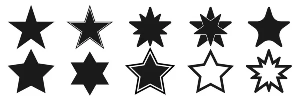 Ikony Gwiazd Ustawione Białym Tle Pojedyncze Gwiazdy Kształtują Się Czarno — Wektor stockowy