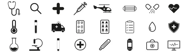Set Icone Delle Medicine Icone Mediche Nero Simbolo Sanitario Raccolta — Vettoriale Stock